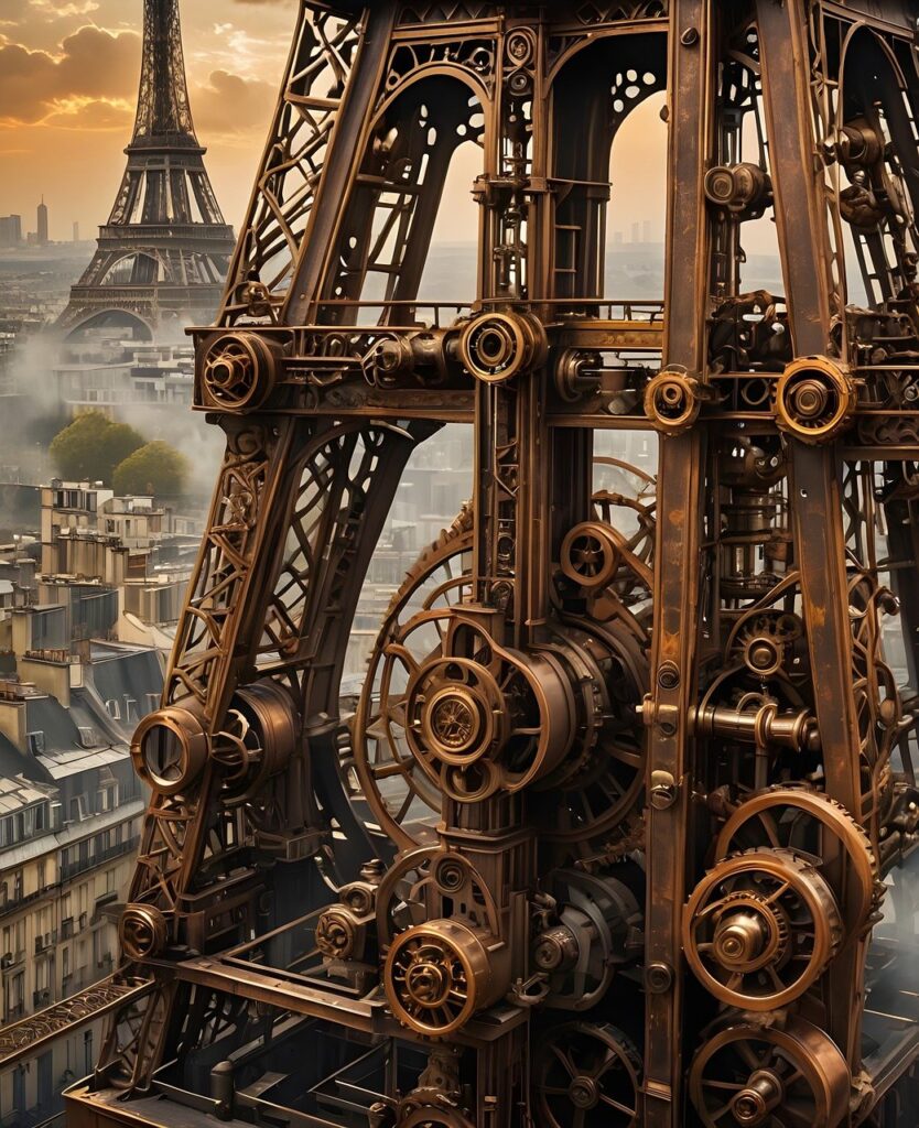 steampunk, fantasy, gear, vintage, clockwork, metal, mechanical, machine, landscape, structure, architecture, urban, paris, france, landmark, monument, tower, famous, historic, surreal-9317987.jpg