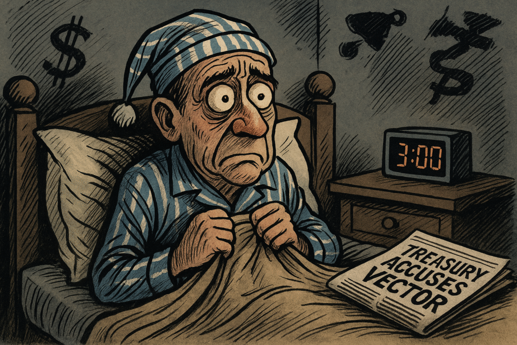 Caricatura editorial de un hombre en pijama con insomnio a las 3:00 AM, preocupado por el caso Vector y Hacienda.