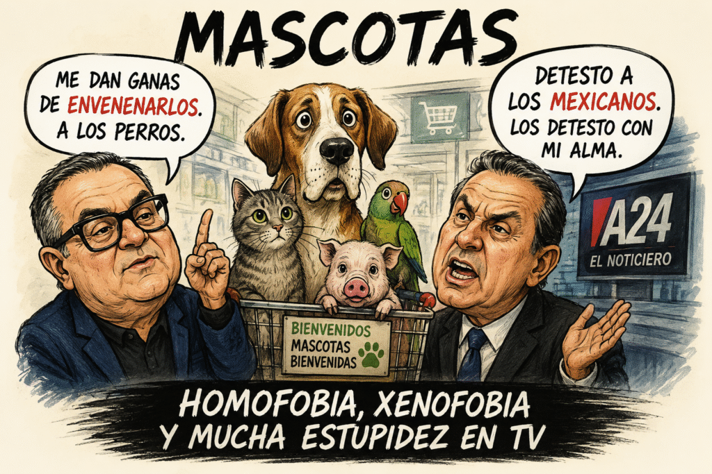 Caricatura editorial sobre la polémica de Pedro Sola, Eduardo Feinmann y el debate sobre las mascotas en espacios públicos, la xenofobia y la intolerancia.